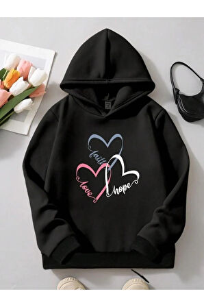 Kız\Erkek Çocuk Siyah Renkli Kalpler Baskılı Kapüşonlu Sweatshirt