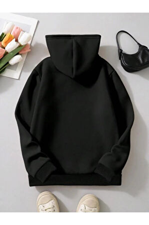 Kız\Erkek Çocuk Siyah Renkli Kalpler Baskılı Kapüşonlu Sweatshirt