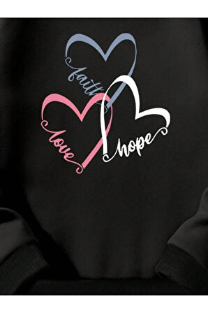 Kız\Erkek Çocuk Siyah Renkli Kalpler Baskılı Kapüşonlu Sweatshirt