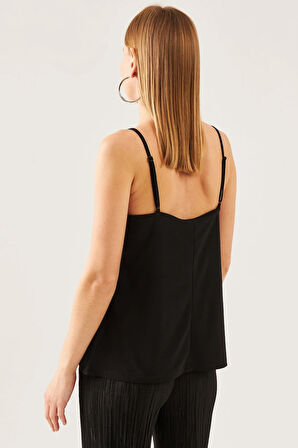 Kadın Siyah İp Askılı Dantelli Bluz