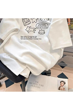 Y2k  Retro Karikatür Kedi Baskılı Beyaz Unisex Oversize T-shirt