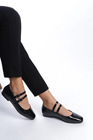 Siyah Çift Bantlı Kare Burun Günlük Babet