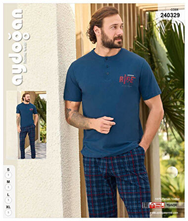 Aydoğan Erkek Mavi %100 Pamuk Penye Kısa Kollu Pijama Takımı 240329