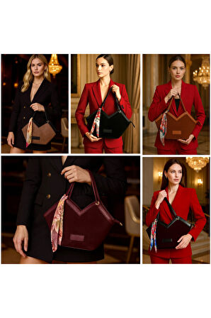 Handley Lüks Süet & Deri Detaylı Fular Aksesuarlı Omuz Çantası