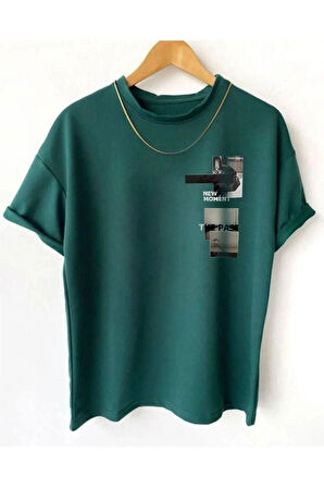 New Moment T-Shirt - Turuncu Baskılı Oversize Bisiklet Yaka garalio