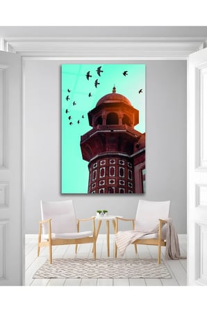 Cami Minare Motif Dini İslami Kuşlar Cam Tablo Modern Ev Ofis Salon Duvar Oda Dekoru Hediyelik