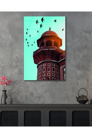 Cami Minare Motif Dini İslami Kuşlar Cam Tablo Modern Ev Ofis Salon Duvar Oda Dekoru Hediyelik