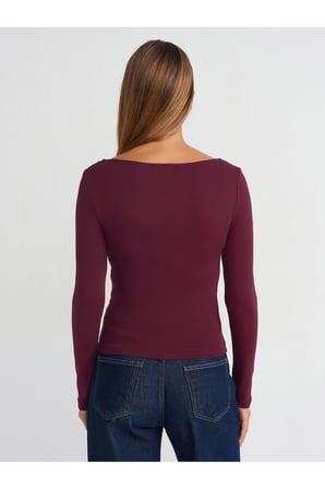 31401 Büzgülü Kayık Yaka Top-Siyah