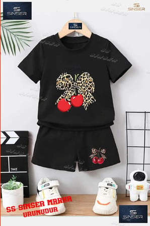 Çocuk UNISEX “KIRAZ LEOPAR KURDELE CHERRY YAZI“ Özel Baskılı Bisiklet Yaka Tişört - Şort Takım