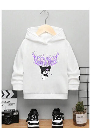Çocuk Tasarım Kuromi Mor Baskılı Kapüşonlu Sweatshirt Pamuklu