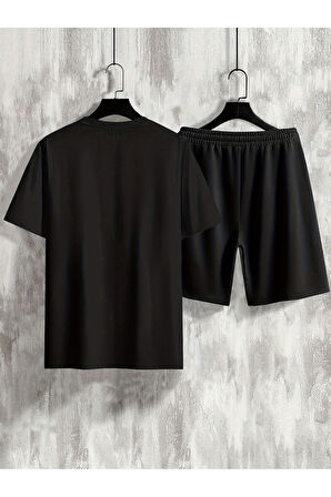 Erkek Siyah Oversize Beyaz Los Angeles Baskılı Bisiklet Yaka Kısa Kollu T-shirt Şort Takımı