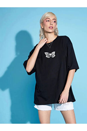 Unisex Siyah Bisiklet Yaka Oversize T-shirt