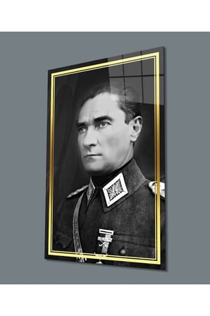 Gold Şerit Siyah Beyaz Atatürk Üniformalı Cam Tablo, Uv Baskılı ve Temperli, Hediyelik