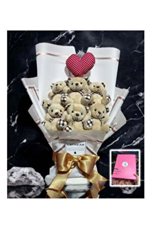 Premium Kahverengi Peluş Ayıcık Buketi Puantiyeli Kalp Yastıklı