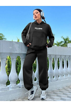 3 Iplık Kalp Baskılı Eşofman Takımı Sweatshirt Jogger - Baskılı Oversize Şardonlu Kapüşonlu