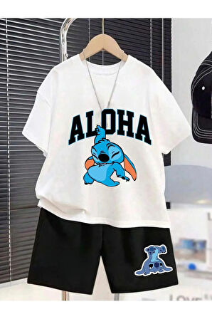 Çocuk Tasarım Stitch Aloha Baskılı T-Shirt Şort Alt Üst Takım %100 Pamuk