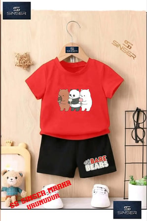 Çocuk UNISEX “PANDALAR 3LU DONDURMA“ Özel Baskılı Bisiklet Yaka Tişört - Şort Takım