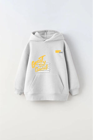 Kapüşonlu İçi Polar Great Day Coming Yazı Baskılı Beyaz Unisex Çocuk Hoodie Sweatshirt