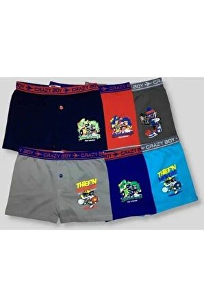6 Adet Erkek Çocuk Elastan Pamuk Baskılı Likralı Boxer