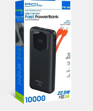 ACL PW 139 10000 mAh 22.5W Hızlı Şarjlı Powerbank Dahili Type-C & Lightning Kablolu