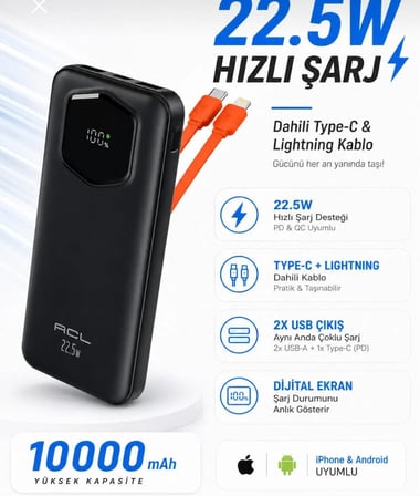 ACL PW 139 10000 mAh 22.5W Hızlı Şarjlı Powerbank Dahili Type-C & Lightning Kablolu