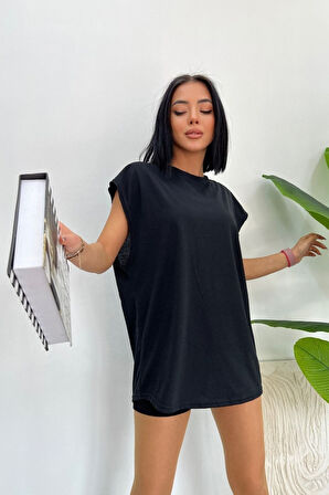 Unisex Siyah Spor Bisiklet Yaka Pamuk Oversize Boyfriend T-shirt