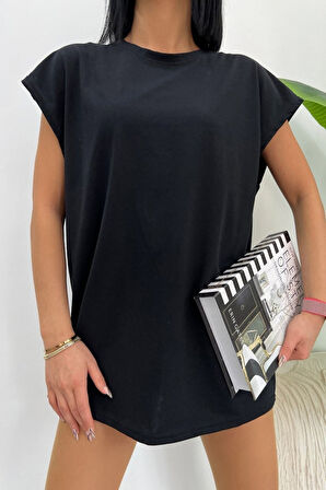 Unisex Siyah Spor Bisiklet Yaka Pamuk Oversize Boyfriend T-shirt