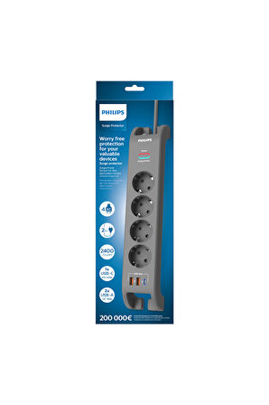 SPN4140GA Akım Korumalı Priz 4'lü + 2x Usb-A 18W + 1x Usb-C 20W - 2m Kablo - Siyah