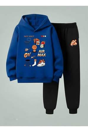 Erkek Çocuk Kapüşonlu Takım BASKET TOPLU Baskılı 3 İplik Şardonlu Sweatshirt - Eşofman Takım