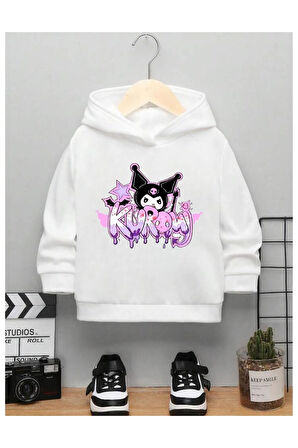 Çocuk Tasarım Kuromi Grafiti Baskılı Kapüşonlu Sweatshirt Pamuklu