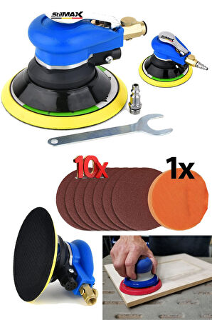 Oto Kavisli Havalı Orbital Ağaç Metal Yüzey Polisaj Makinesi – 150MM, x10 Zımpara 1x Ped