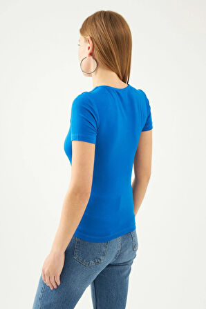 Kadın Mavi Kare Yaka Kısa Kol Viskon Bluz