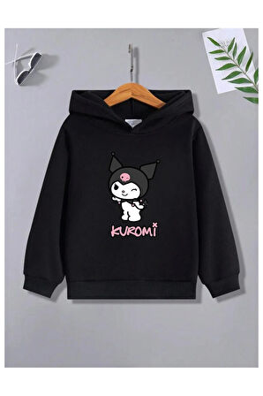 Çocuk Tasarım Kuromi Kalp Baskılı Kapüşonlu Sweatshirt Pamuklu
