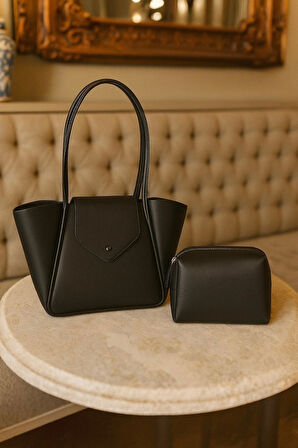 Lüks Kapak Detaylı Makyaj Çanta Hediyeli Omuz Çantası