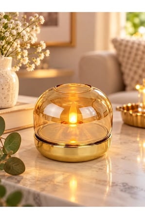 Amber Cam Kubbeli Gold LED Mum Alev Efektli Pilli Dekoratif Mumluk 9 x 7,5 cm
