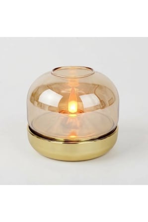 Amber Cam Kubbeli Gold LED Mum Alev Efektli Pilli Dekoratif Mumluk 9 x 7,5 cm