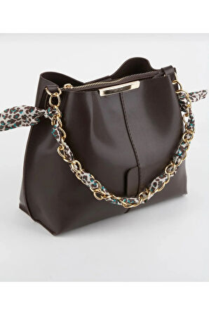 Fularlı 3 gözlü Kahve çapraz ve omuz çantası