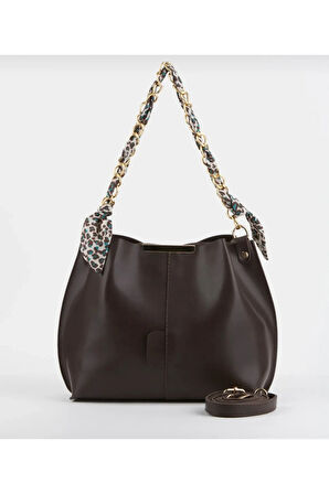 Fularlı 3 gözlü Kahve çapraz ve omuz çantası