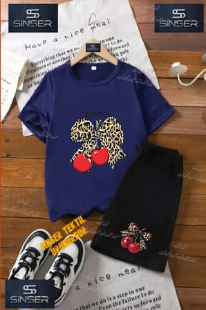Çocuk UNISEX “KIRAZ LEOPAR KURDELE CHERRY YAZI“ Özel Baskılı Bisiklet Yaka Tişört - Şort Takım