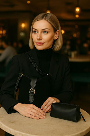 Lüks Süet Deri Detaylı Omuz Çantası & Makyaj Çantası Hediyeli