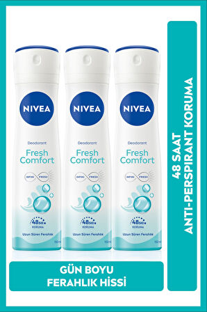 Kadın Sprey Deodorant Fresh Comfort 150ml, Ter Kokusuna Karşı 48 Saat Koruma, X3 Adet
