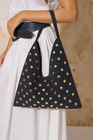 Lüks Suet Deri Gold Taşlı İkonik Üçgen Omuz Çantası