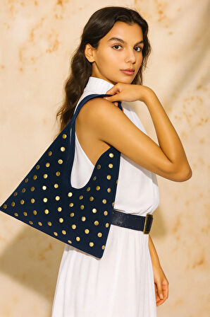 Lüks Suet Deri Gold Taşlı İkonik Üçgen Omuz Çantası