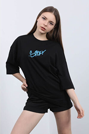 Ön/arka Stop & Çiçek Baskılı T-shirt