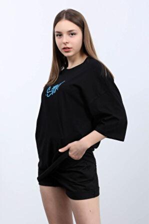 Ön/arka Stop & Çiçek Baskılı T-shirt