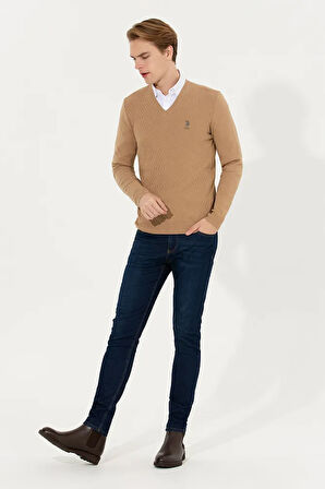 Erkek Camel Melanj V Yaka Triko Kazak 50258314-vr122