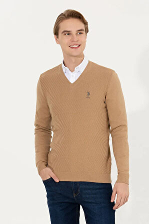 Erkek Camel Melanj V Yaka Triko Kazak 50258314-vr122