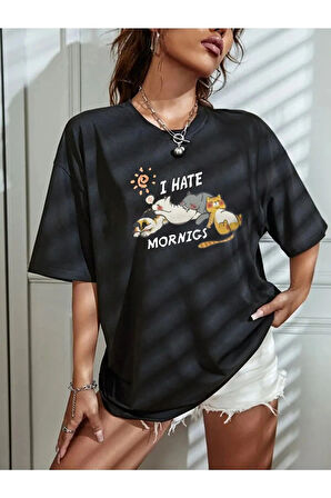 I Hate Mornings Sevimli Kediler Baskılı Oversize T-shirt