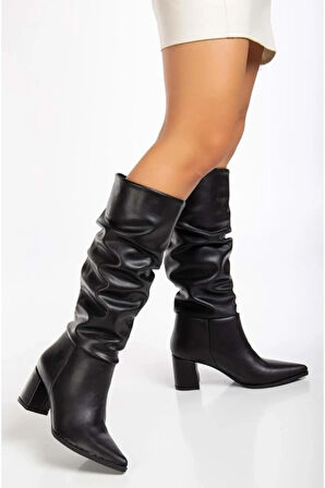 Feles 6 cm Topkulu Körüklü Diz Altı Kadın Çizme SİYAH