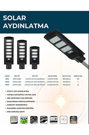 250 W Solar Güneş Enerjili Sensörlü Uzaktan Kumandalı Bahçe Ve Sokak Lambası